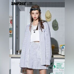 BOGO: blue stripes long sleeve shirt and shorts set